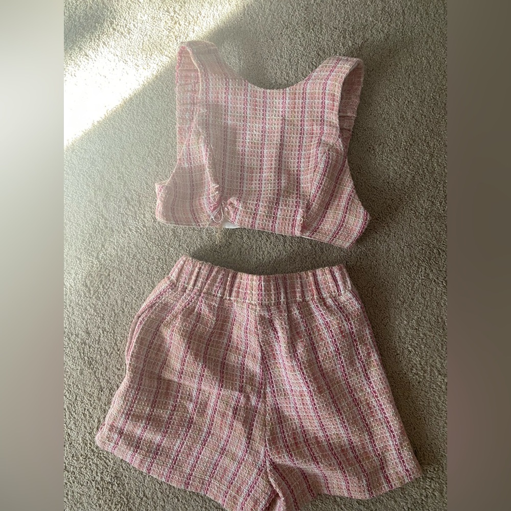 gianni bini pink tweed tank and short set